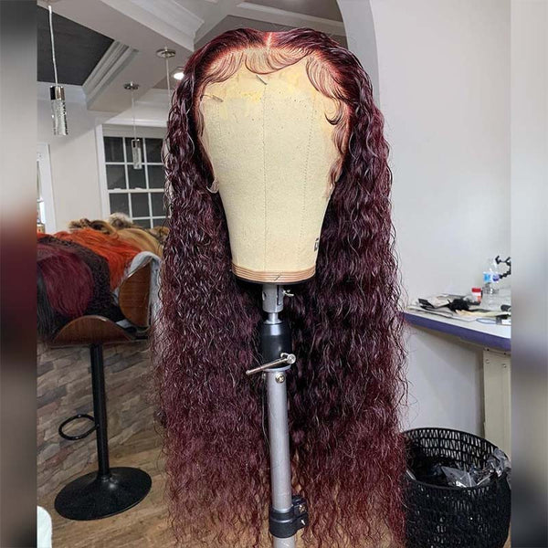 VIPWigs 13x4 Transparent Lace Full Frontal Wig 99J Burgundy Color Curly Hair LFW118