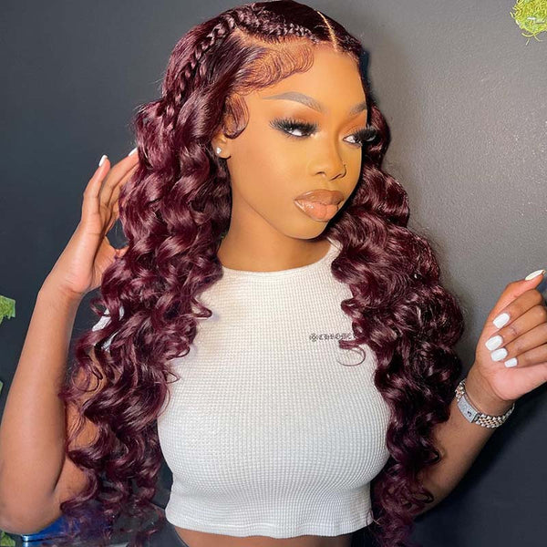 VIPWigs Loose Wave 99J Burgundy 13x6 Lace Front Wig Wand Curl LFW109
